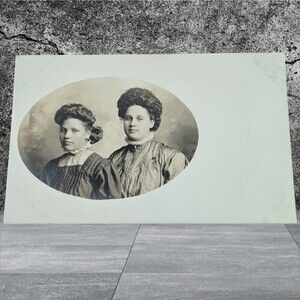 Vintage 2 Women Wild Hair High Collars Oval Portrait Real Photo Postcard AZO